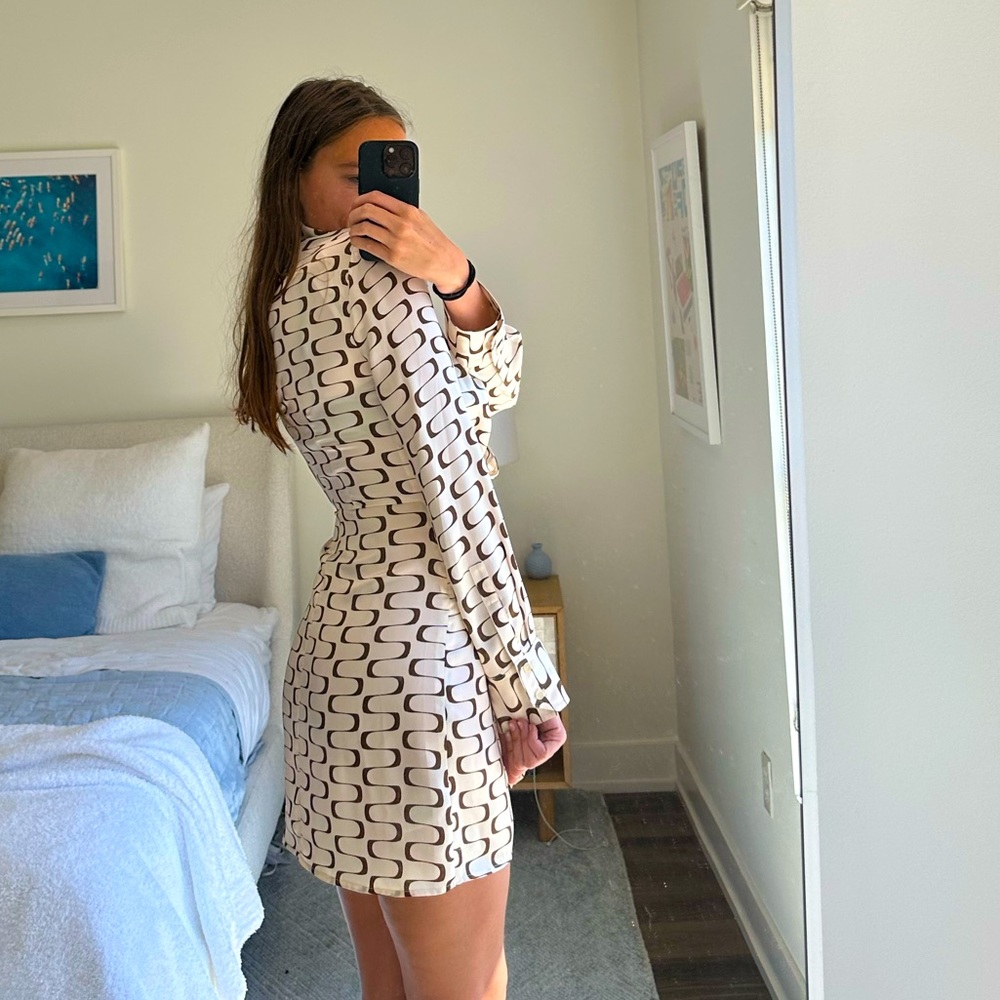 Reformation Silk Cream & Brown Patterned Dress